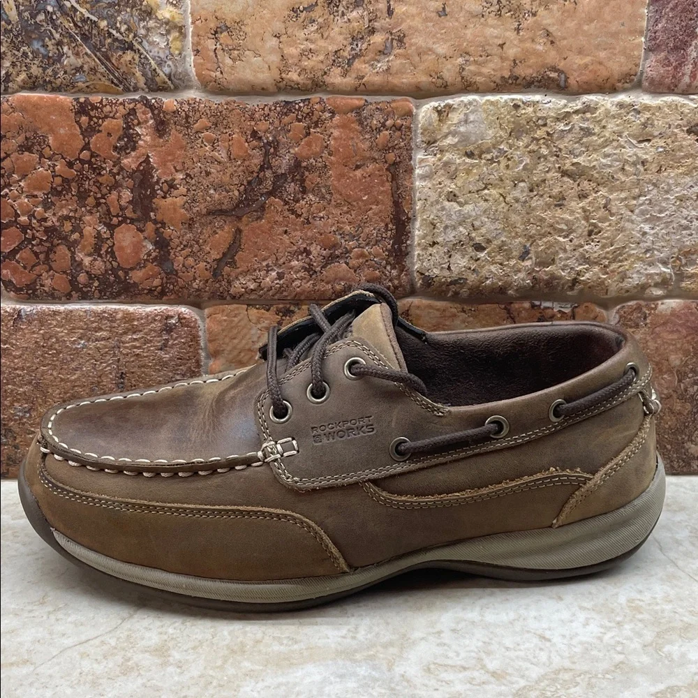 Rockport Shoes Size 9 M Brown Leather Lace Up Moc Toe Slip Resistant Works
